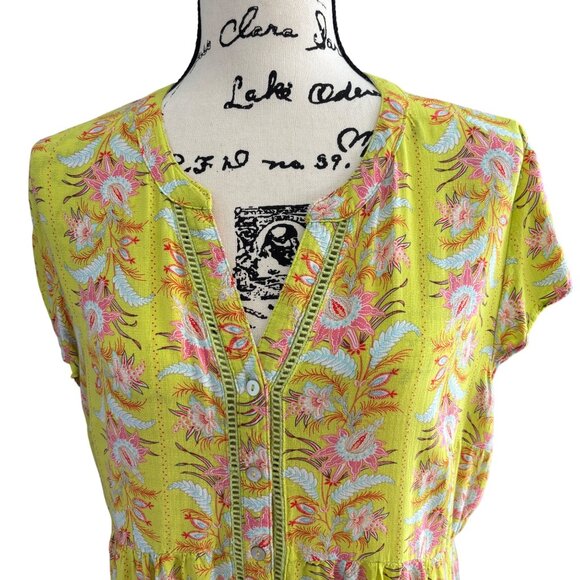 Vintage America Women's V-Neck Tunic Sz Large Chartreuse w/ Pink Floral - Picture 5 of 8